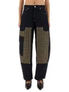 Ganni Checkered Patch Cargo Jeans In Black