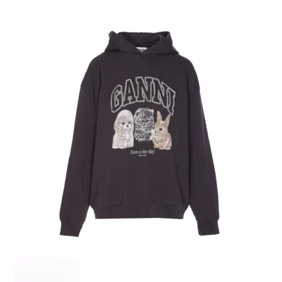 GANNI GANNI WOMEN BLACK ANIMAL PRINT HOODIE