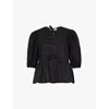 Ganni Womens Black Puff-sleeve Peplum-hem Organic-cotton Blouse