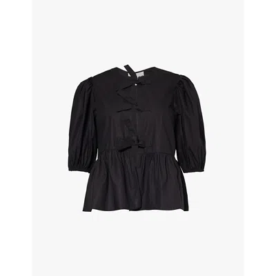 Ganni Womens Black Puff-sleeve Peplum-hem Organic-cotton Blouse In Black