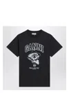 Ganni Black Crewneck T-shirt With Maxi Logo Lettering On The Front And Maxi Print On Front And Rear