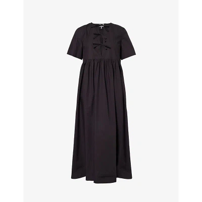 Ganni Bow-detailed Organic Cotton-poplin Midi Dress In Black