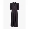 Ganni Womens Black V-neck Puff-sleeved Cotton-poplin Maxi Dress