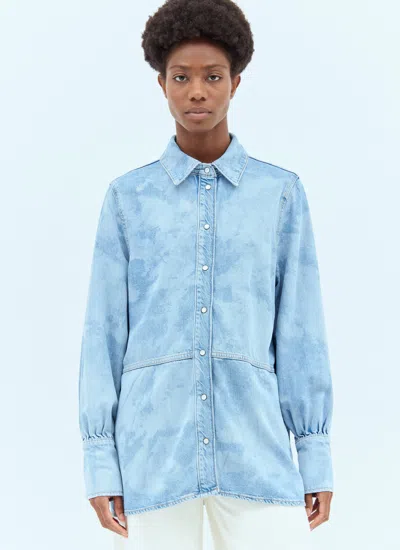 Ganni Studded Logo Bleached Denim Shirt In Blue