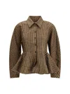 Ganni Crinkled Taffeta Blouse Peplum Check Design In Brown