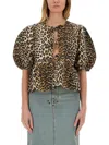 Ganni Multicolor Blouse With Front Tie Closure And All-over Leopard Motif In Cotton Woman In Multicolor