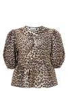 Ganni Multicolor Blouse With Front Tie Closure And All-over Leopard Motif In Cotton Woman In Animalier
