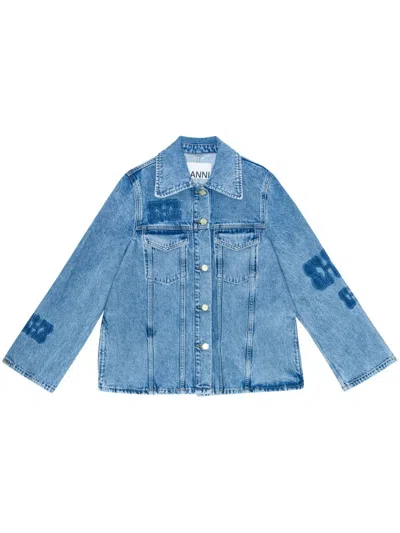 Ganni Women's Blue Denim Jacket With Monogram Patches And Faux Print Detail