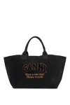 Ganni Denim Logo Tote Bag With 9 In Black