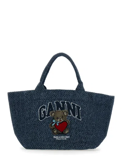 Ganni Women Blue Shopper With Lettering Logo And Teddy Bear On Front In Cotton Woman