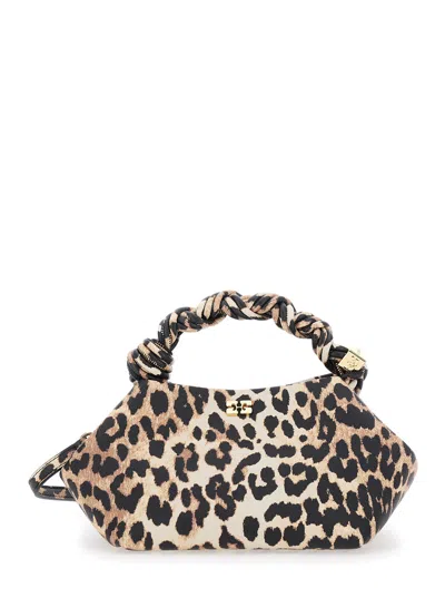 Ganni Women 'bou' Brown Small Handbag With Braided Handle And All-over Leopard Motif In Fabric Woman In Multi