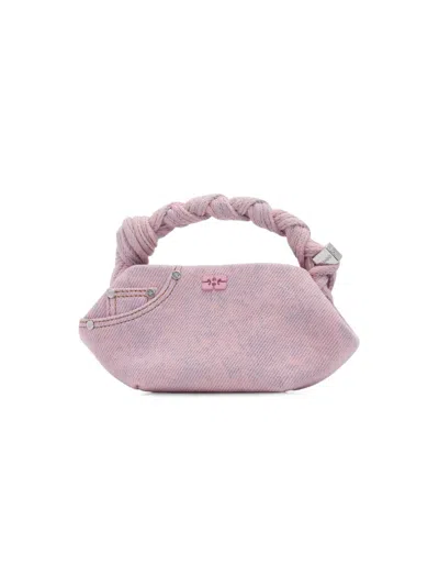Ganni Bou Pink Mini Handbag With Braided Top Handle And Adjustable And Removable Shoulder Strap In Denim W