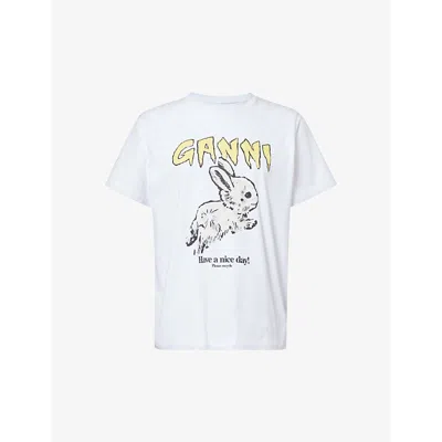 Ganni Womens Bright White Bunny Graphic-pattern Organic-cotton T-shirt