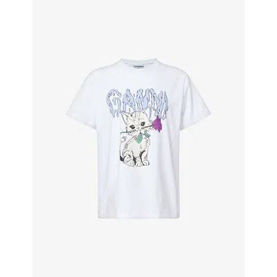Ganni Rose Cat Logo Organic Cotton Graphic T-shirt In Bright White