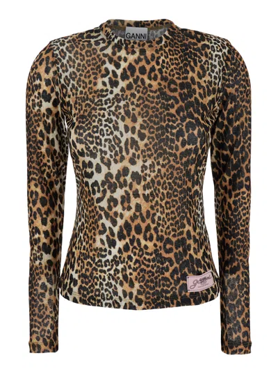Ganni Women Brown Top With All-over Leopard Motif  In Tech Fabric Woman
