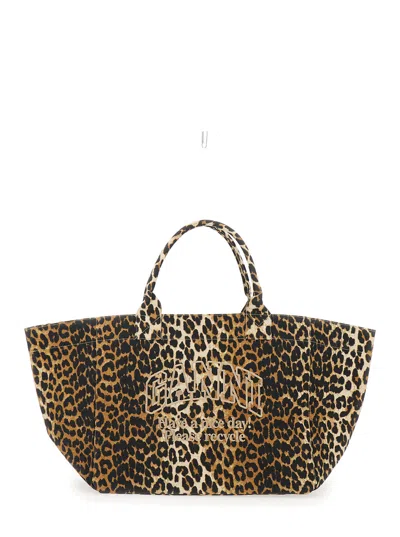 Ganni Women Brown Tote Bag With Graphic Print On The Front And All-over Leopard Motif In Cotton Woma In Multi