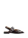 Ganni Pointed Toe Black Ballerinas With Eyelet-accented Buckle Detail In Black