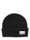 Ganni Logo Ribbed Wool-blend Beanie In Multicolor