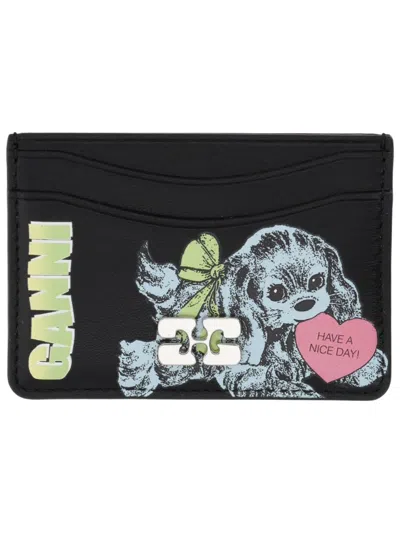 Ganni Women Card Holder With Logo And Print In Black