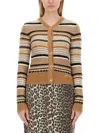 Ganni Multicolor Striped Cardigan With Logo Embroidery In Wool Woman In Cream
