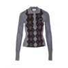 Ganni Slim-fit Knitted Polo Shirt With Check Pattern In Gray
