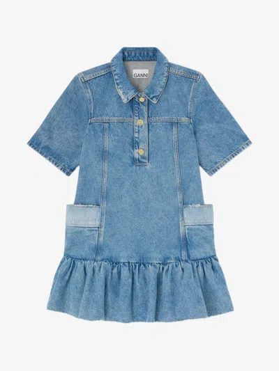Ganni Women's Classic Collar Button-front Mini Dress With Short Sleeves In Blu