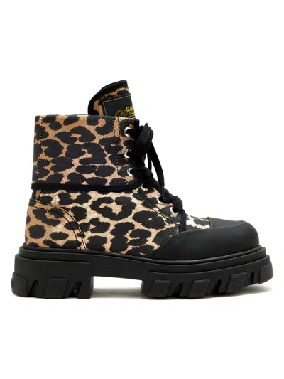 Ganni Women's Cleated Leopard Print Denim Ankle Boots In White