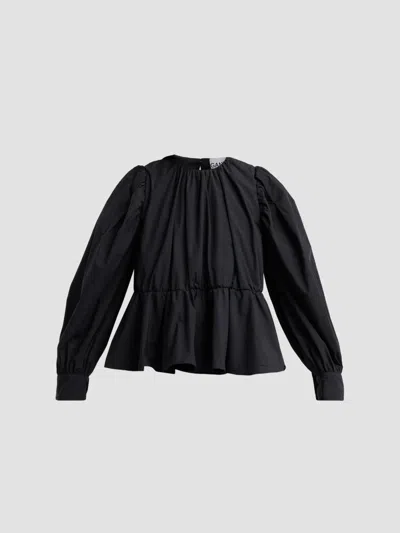 Ganni Women's Compact Poplin Gathered Peplum Blouse In Black