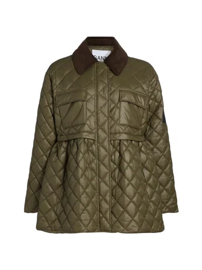 Ganni Shiny Quilted Midi Flare Jacket In Kalamata In Green