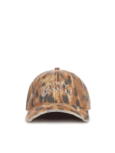 Ganni Women Cotton Canvas Baseball Cap With Print In Brown