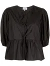 Ganni Cotton Peplum Top With Bow And Flounces