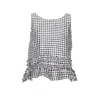 Ganni Crinkled Check Frill Top In Black In Black