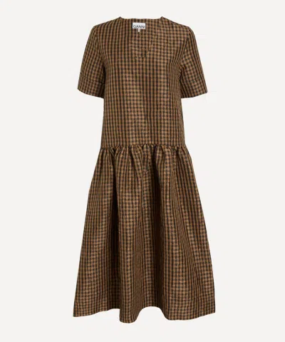 Ganni Crinckled Taffeta Checkered Dress Gathered Waist In Brown