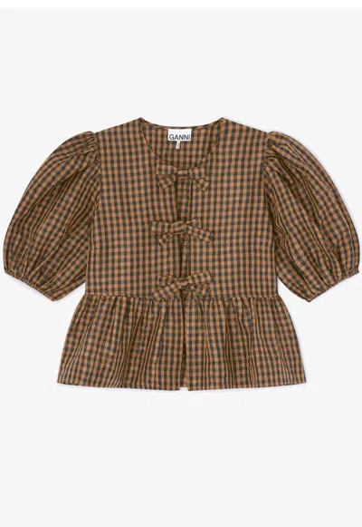 Ganni Crinkled Taffeta Check Peplum Blouse Tobacco Brown