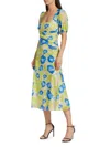 Ganni Ruched Printed Stretch-mesh Midi Dress In Strong Blue