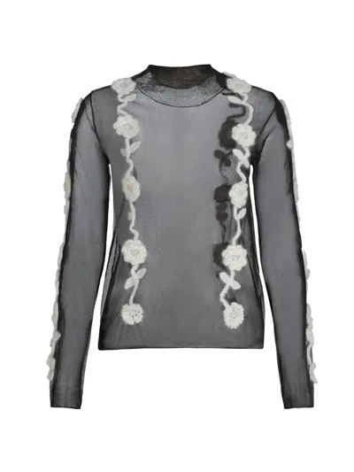 Ganni Long Sleeve Mesh Top Crew Neck Floral In Black