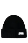 Ganni Womens Black Logo-patch Wool-blend Beanie Hat In Black