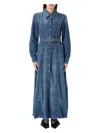 Ganni Blue Long Dress With Adjustable And Removable Waist Belt In Cotton Blend Woman In Mid Blue