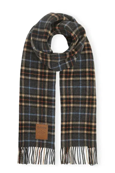 Ganni Women's Double Face Wool Check Scarf In Grey In Gray