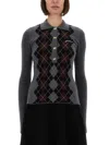 Ganni Grey Sweater With Classic Collar And Check Motif On The Front In Wool Woman In Gray