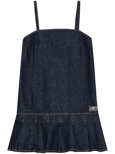 Ganni Dark Blue Denim Mini Dress In Black