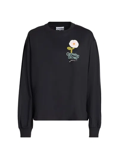 Ganni Women's Embellished Cotton-jersey Crewneck Sweatshirt In Black