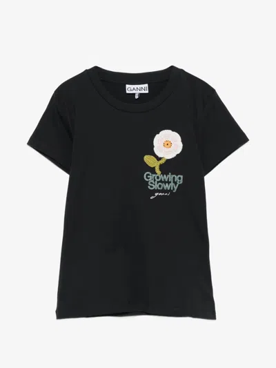 Ganni Women's Embroidered Flower Crew Neck T-shirt In 100% Cotton In Grigio