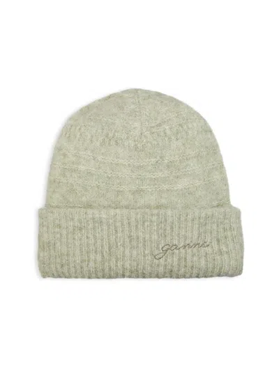 Ganni Women's Embroidered Logo Wool-blend Beanie In Green