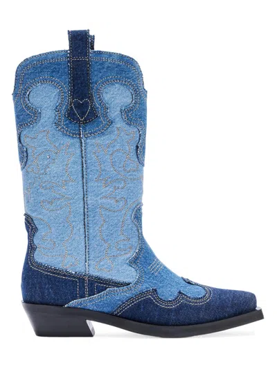 Ganni Denim Cowboy Boots In Blue