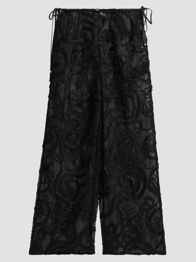 Ganni Women's Embroidered Net Side-tie Trousers In Black