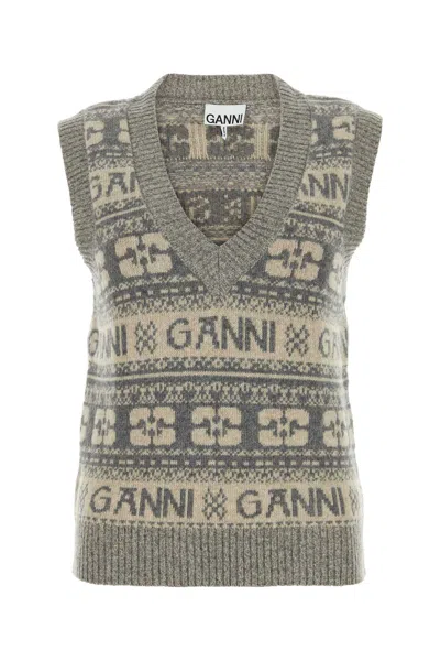 Ganni Wool Knit Vest In Frostgray