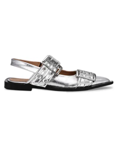 Ganni Women's Feminine Buckle Metallic Leather Ballerina Flats In Grey