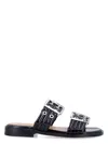 Ganni Buckled Eyelet-embellished Recycled Faux Patent-leather Sandals In Black