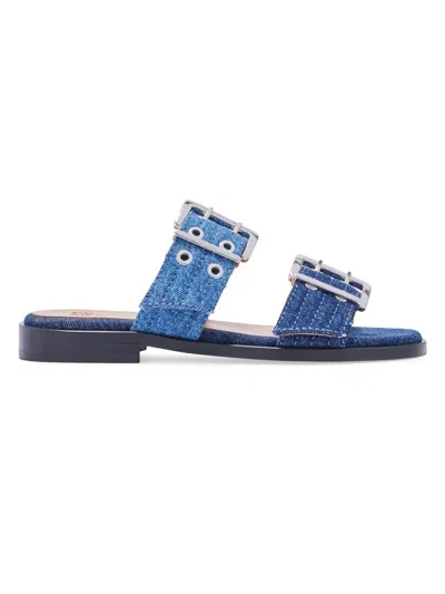 Ganni Women's Feminine Buckle-strap Denim Sandals In Blue
